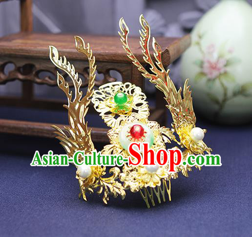 Chinese Traditional Hanfu Hair Accessories Ancient Empress Golden Hair Comb Ming Dynasty Bride Phoenix Hairpin