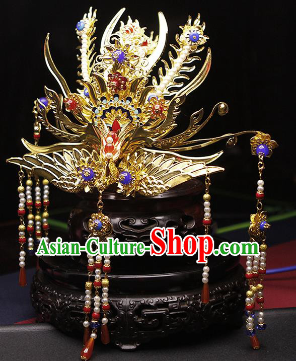 Chinese Ancient Empress Hair Crown and Tassel Hairpins Ming Dynasty Phoenix Coronet Traditional Hanfu Wedding Hair Accessories