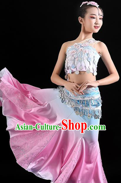 Chinese Ethnic Folk Dance Fashion Yunnan Minority Peacock Dance Pink Dress Uniforms Dai Nationality Children Performance Clothing