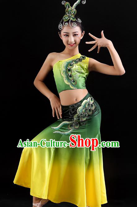 Chinese Dai Nationality Children Pavane Clothing Ethnic Folk Dance Garments Yunnan Minority Peacock Dance Green Dress Uniforms