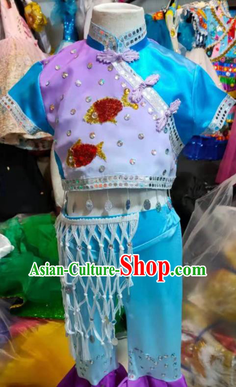 Chinese Folk Dance Blue Outfits Girl Fan Dance Costumes Yangko Dance Clothing Children Fisher Maiden Performance Uniforms