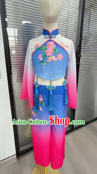 Chinese Children Yangge Performance Blue Uniforms Folk Dance Outfits Girl Fan Dance Costumes Yangko Dance Clothing