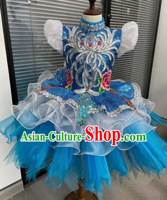 Professional Children Modern Dance Fashion Opening Dance Blue Bubble Dress Chorus Group Clothing Girl Stage Performance Garment