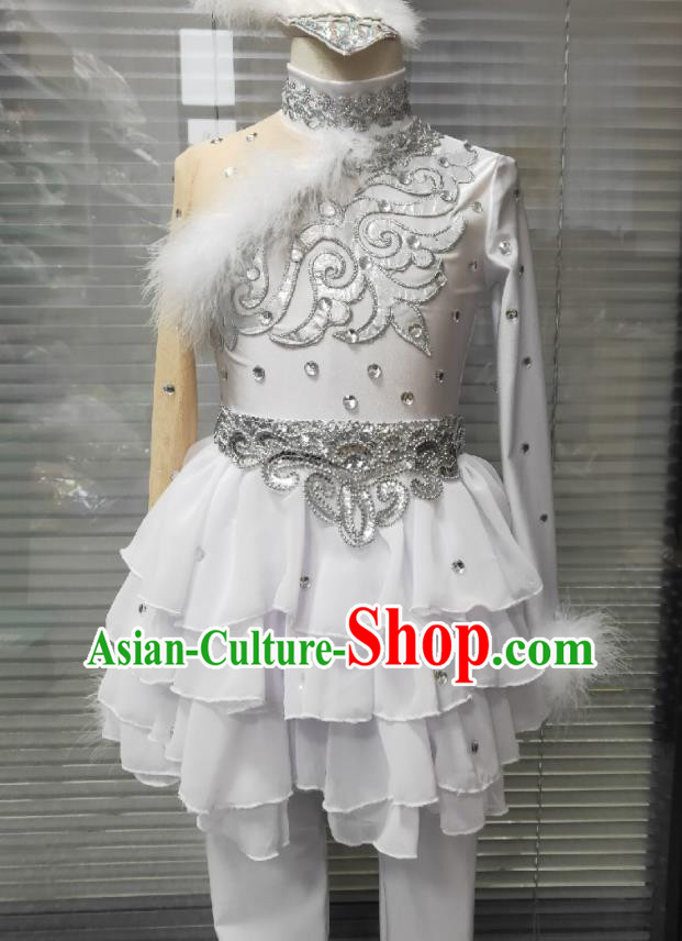 Professional Catwalks White Dress Swan Dance Clothing Girl Stage Performance Garment Children Modern Dance Fashion