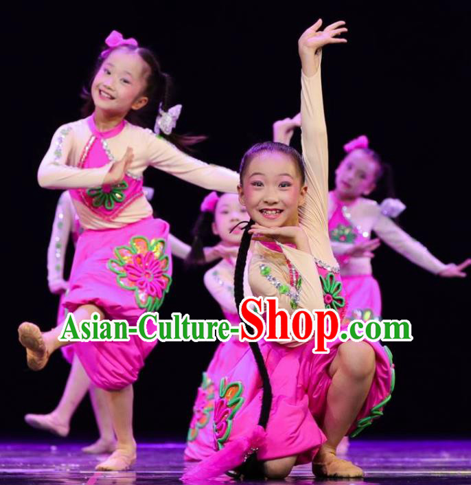 Chinese Folk Dance Costumes Fan Dance Dress Yangge Dance Clothing Children Yangko Dance Rosy Uniforms