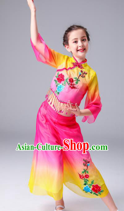 Chinese Drum Dance Dress Yangge Performance Clothing Children Yangko Dance Rosy Uniforms Folk Dance Costumes