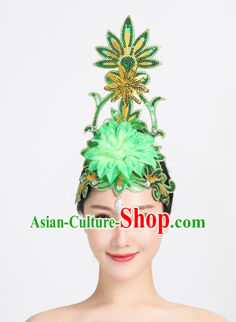 China Spring Festival Gala Performance Headpiece Group Opening Dance Green Sequins Hair Stick Modern Dance Hair Accessories