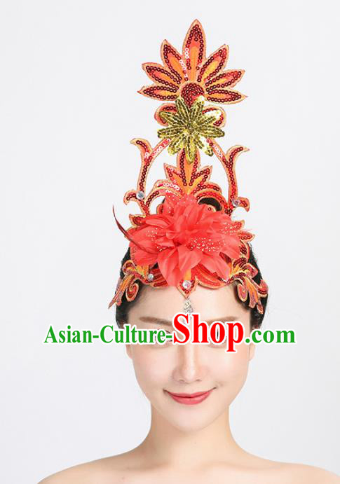 China Spring Festival Gala Opening Dance Headpiece Woman Group Dance Red Flower Sequins Hair Stick Modern Dance Hair Accessories