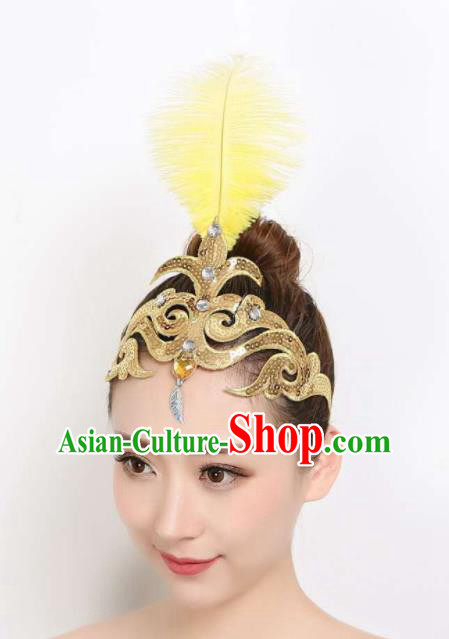 China Woman Peacock Dance Hair Accessories Dai Nationality Folk Dance Headpiece Yangko Dance Yellow Feather Hair Stick