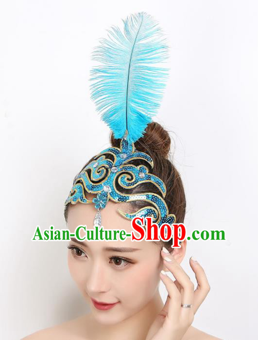 China Folk Dance Hair Accessories Dai Nationality Peacock Dance Blue Feather Headpiece Woman Group Dance Hair Stick