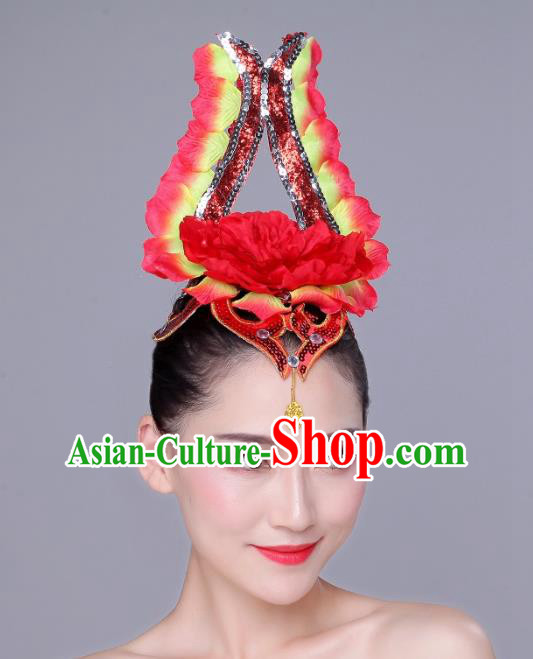 China Opening Peony Dance Headpiece Woman Group Dance Red Flower Hair Crown Modern Dance Hair Accessories
