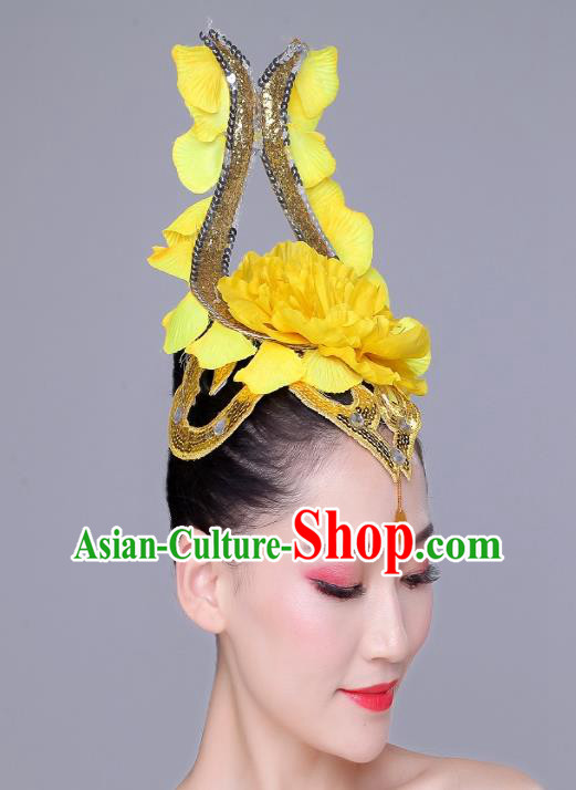China Woman Group Dance Yellow Flower Hair Crown Modern Dance Hair Accessories Opening Peony Dance Headpiece