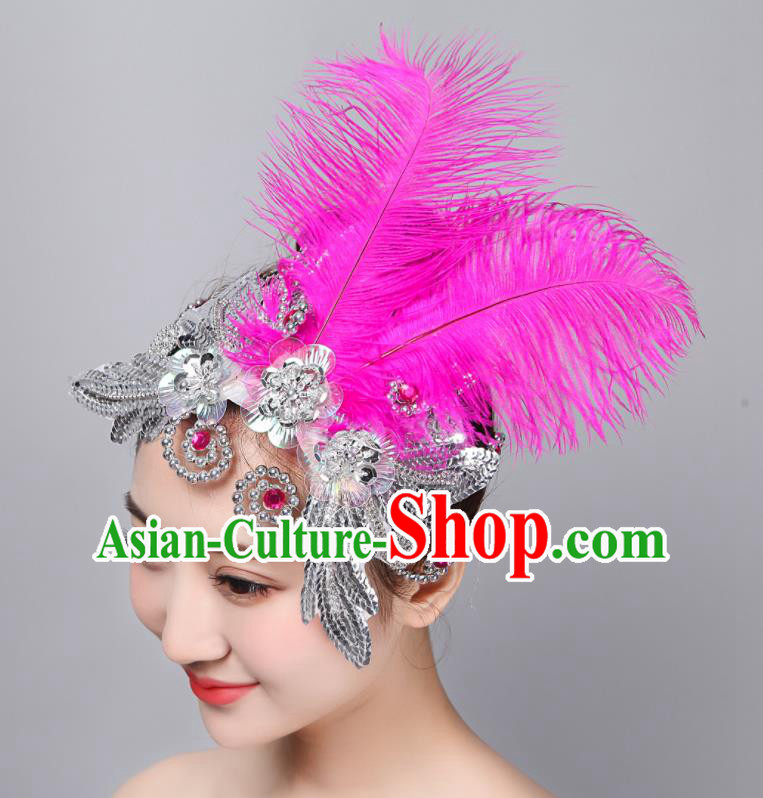 China Folk Dance Headpiece Woman Group Dance Rosy Feather Hair Stick Yangko Dance Hair Accessories