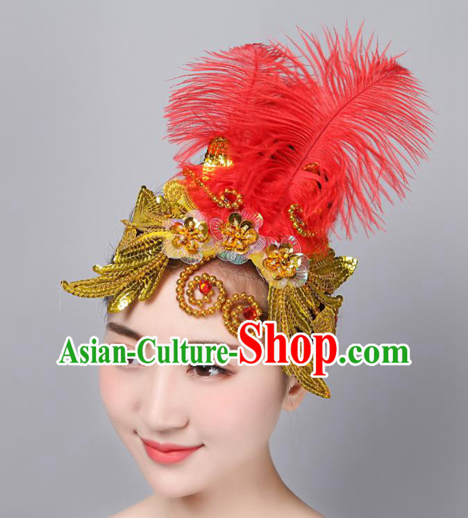 China Yangko Dance Hair Accessories Folk Dance Headpiece Woman Group Dance Red Feather Hair Stick