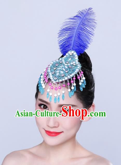 China Woman Group Dance Headpiece Mongol Nationality Dance Royalblue Feather Hair Stick Yangko Dance Hair Accessories