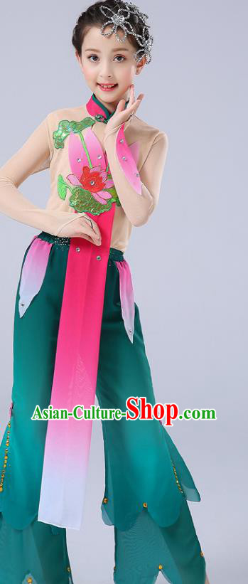 Chinese Children Yangko Dance Uniforms Folk Dance Costumes Girl Lotus Dance Dress New Year Performance Green Clothing