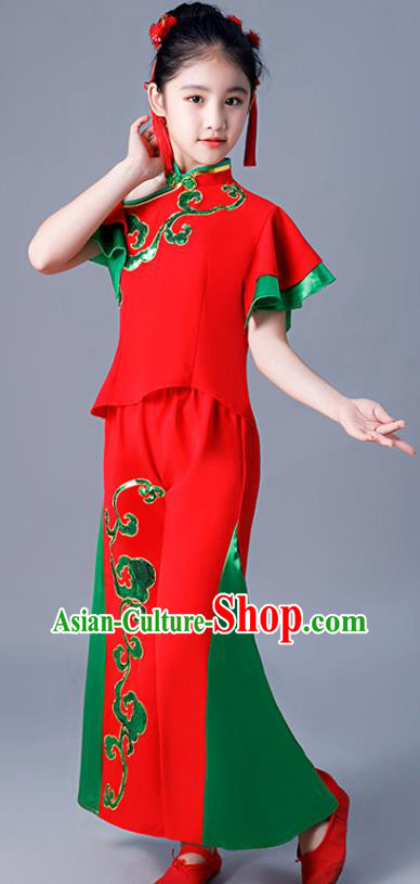 Chinese Children Folk Dance Red Uniforms Yangko Dance Costumes Girl Drum Dance Dress Fan Dance Clothing
