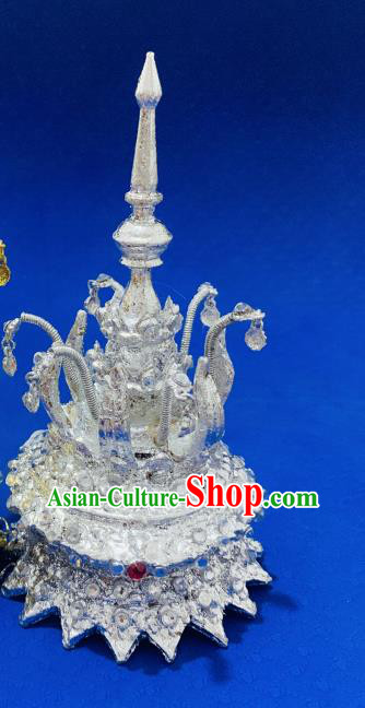 Thailand Queen Argent Royal Crown Asian Folk Dance Pagodas Tiara Headpiece Stage Performance Hair Accessories