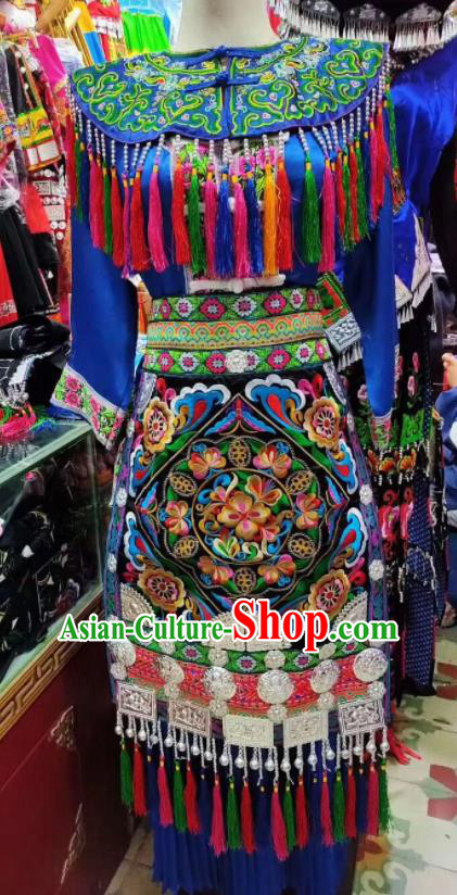 Chinese Minority Wedding Bride Blue Dress Outfits Dong Nationality Folk Dance Clothing Guizhou Festival Garments
