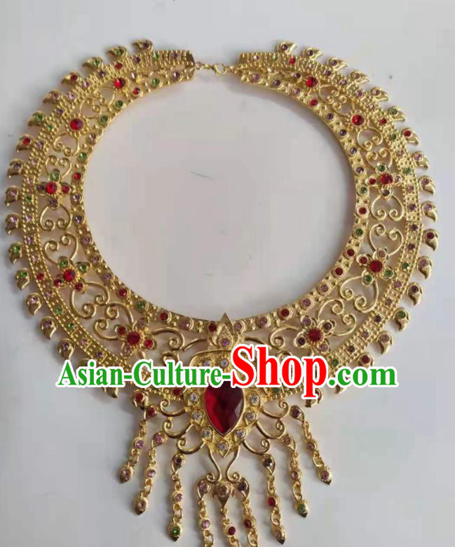 Chinese Minority Folk Dance Necklet Yunnan Ethnic Jewelry Accessories Dai Nationality Queen Golden Necklace