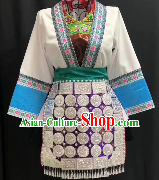 Chinese Dong Nationality Folk Dance Clothing Guizhou Ethnic Festival Garments Minority Performance White Short Dress Outfits