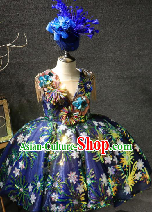 Top Catwalks Sequins Flowers Royalblue Full Dress Christmas Baroque Evening Wear Children Performance Clothing Girl Compere Formal Garment