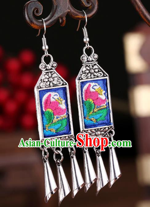 Chinese Miao Nationality Silver Earrings Hmong Minority Dance Embroidered Blue Ear Jewelry Yunnan Ethnic Woman Ear Accessories