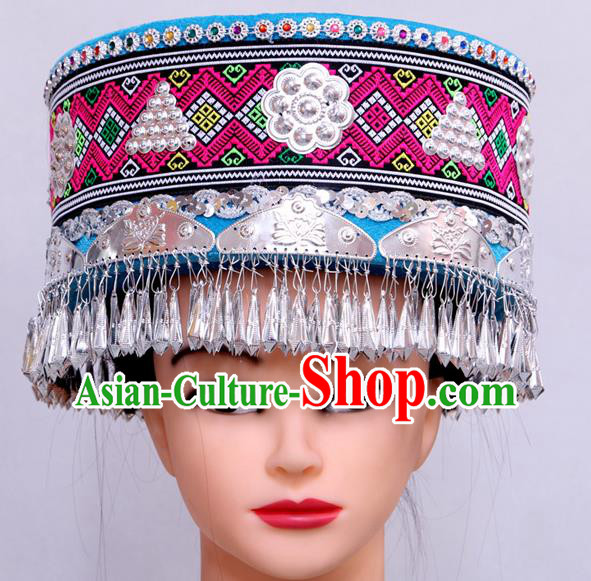 Handmade Chinese Ethnic Woman Festival Headdress Yi Nationality Wedding Blue Hat Tujia Minority Folk Dance Headwear