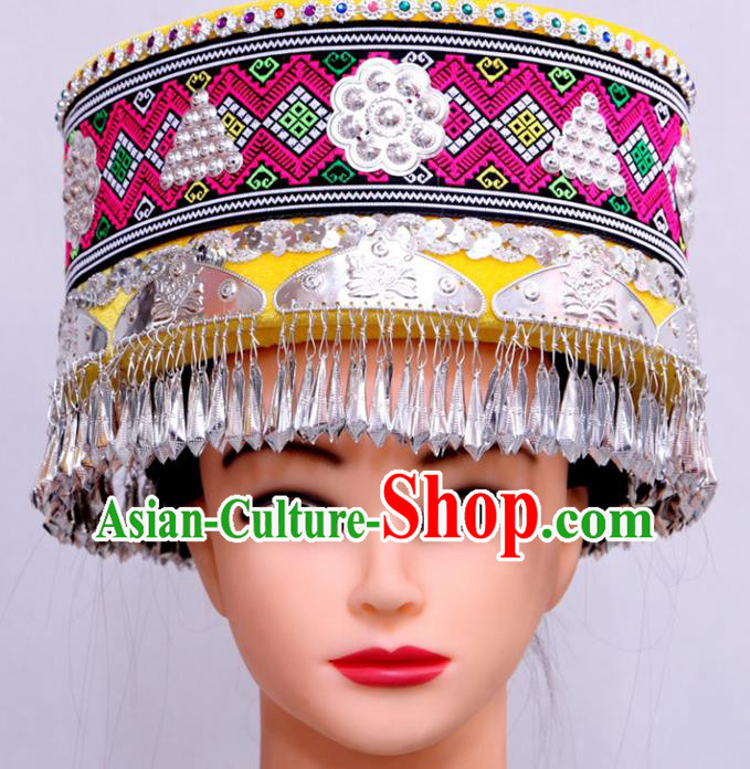 Handmade Chinese Tujia Minority Folk Dance Headwear Ethnic Woman Festival Headdress Yi Nationality Wedding Yellow Hat