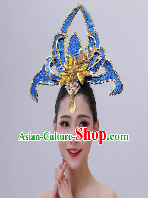 Chinese Opening Dance Royalblue Sequins Hair Accessories Modern Dance Headdress Peony Dance Hair Crown