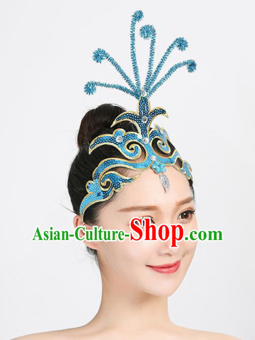 Chinese Yangko Dance Headpiece Folk Dance Blue Sequins Hair Crown Woman Group Dance Hair Accessories