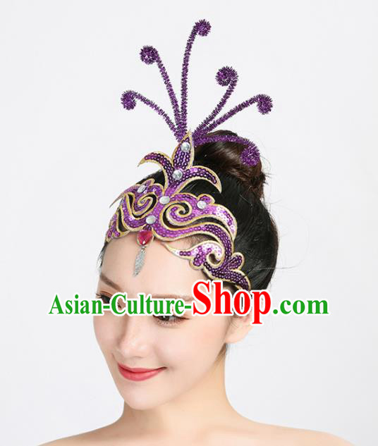 Chinese Folk Dance Hair Accessories Woman Group Performance Headdress Yangko Dance Purple Sequins Hair Stick