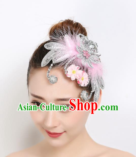 Chinese Stage Performance Hair Accessories Woman Peacock Dance Pink Feather Headpiece Dai Nationality Folk Dance Hair Stick