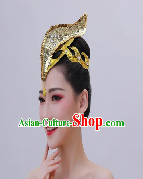 Chinese Folk Dance Golden Sequins Headpiece Spring Festival Gala Opening Dance Headwear Handmade Dai Nationality Peacock Dance Hair Crown