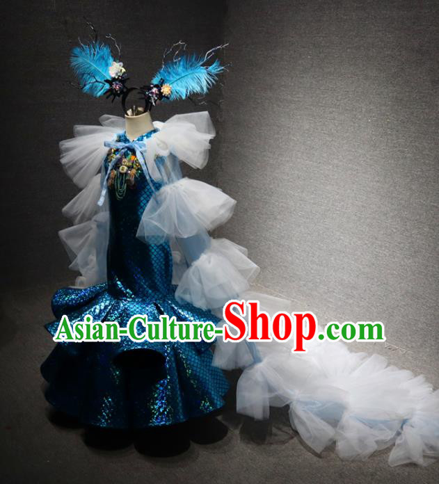 Top Catwalks Mermaid Princess Blue Fishtail Dress Christmas Formal Evening Wear Children Day Stage Show Clothing Girl Performance Garment