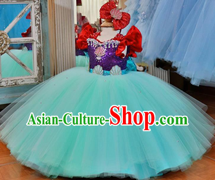 Top Catwalks Blue Veil Princess Dress Christmas Evening Wear Children Performance Clothing Girl Compere Formal Garment