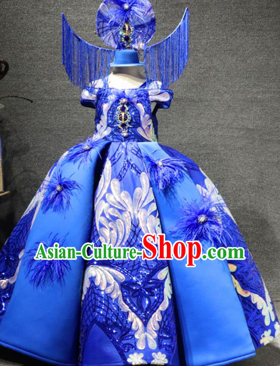 Top Children Performance Clothing Girl Stage Show Formal Garment Catwalks Royalblue Long Dress Christmas Evening Wear