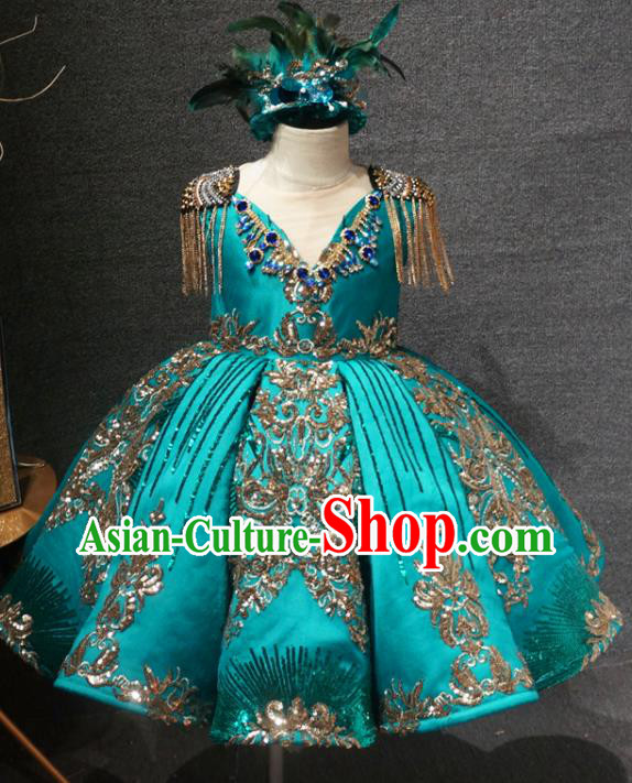 Top Catwalks Green Short Dress Christmas Baroque Princess Evening Wear Children Compere Clothing Girl Stage Show Formal Garment