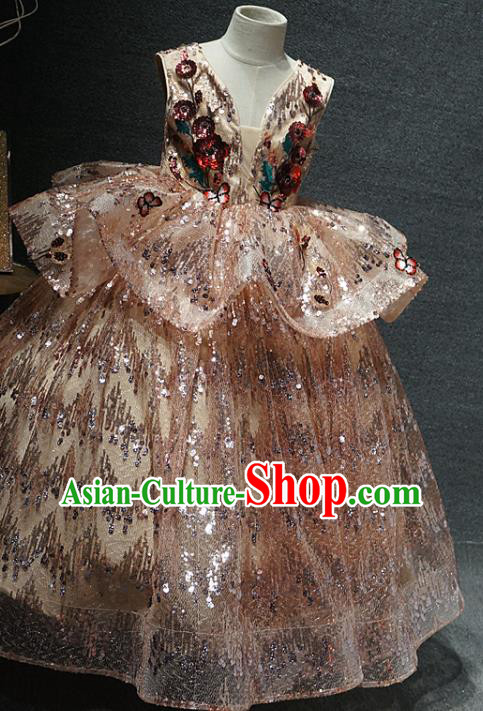 Top Girl Stage Show Formal Garment Catwalks Light Golden Dress Christmas Princess Evening Wear Children Compere Clothing