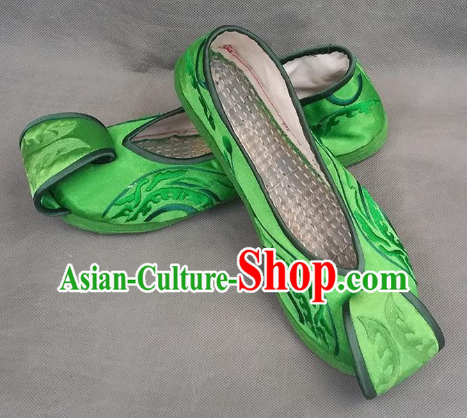 Handmade China Yunnan Wedding Embroidered Shoes Bride Shoes Ethnic Dance Shoes National Woman Green Satin Shoes