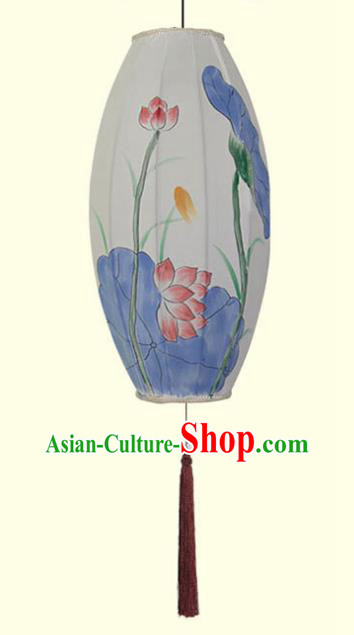 China Hand Painting Lotus Lantern Classical White Cloth Lamp Traditional Festival Hanging Lanterns