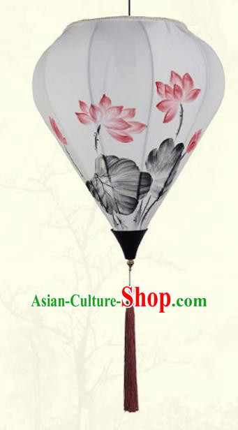 China Traditional New Year Hanging Lanterns Handmade Ink Painting Lotus Lantern Classical White Cloth Diamond Lamp