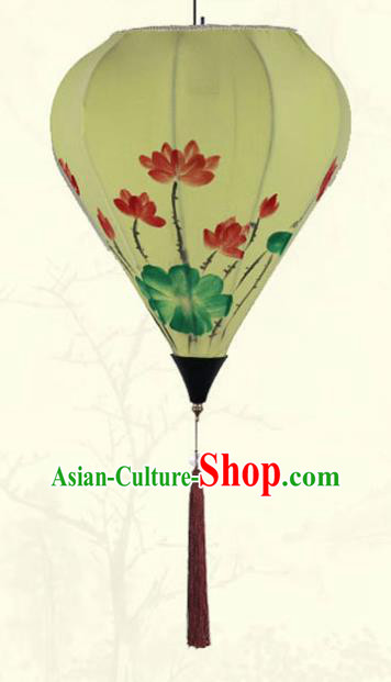 China Classical Yellow Cloth Diamond Lamp Traditional New Year Hanging Lanterns Handmade Painting Lotus Lantern