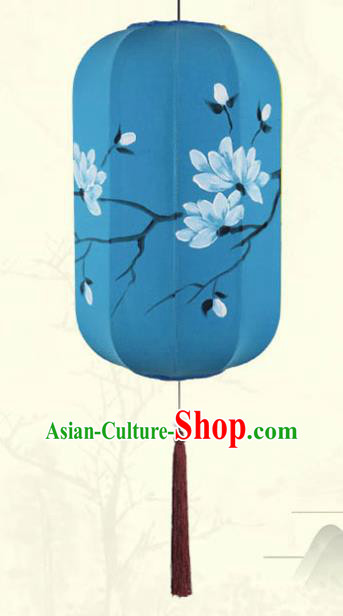 China Classical Blue Cloth Hanging Lamp Traditional New Year Wax Gourd Lanterns Handmade Painting Mangnolia Lantern