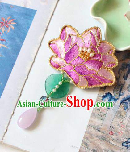 Handmade China Embroidered Lotus Pink Brooch Classical Jade Leaf Tassel Breastpin Accessories
