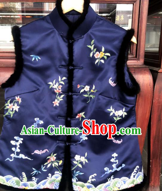 Chinese Traditional Tang Suit Upper Outer Garment Suzhou Embroidered Cotton Padded Vest National Navy Silk Waistcoat