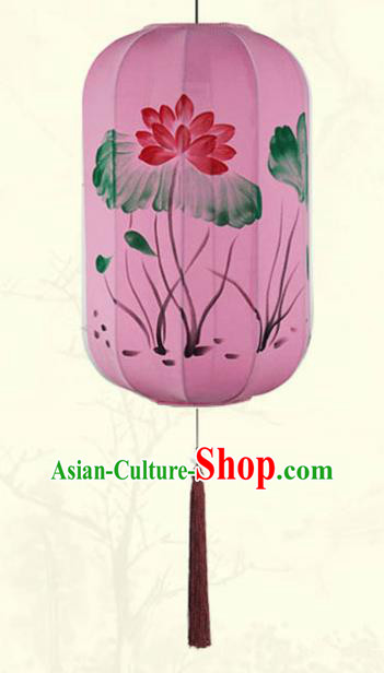 China Classical Pink Cloth Hanging Lamp Traditional New Year Wax Gourd Lanterns Handmade Painting Lotus Lantern