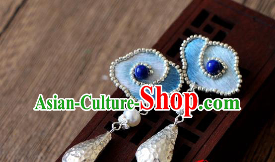 China National Cheongsam Ear Jewelry Handmade Silver Ear Accessories Suzhou Embroidered Blue Cloud Earrings