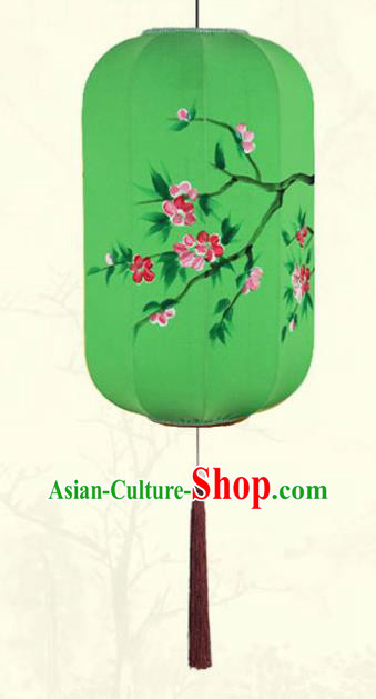 China Classical Green Cloth Hanging Lamp Traditional Wax Gourd Lanterns Handmade Painting Plum Blossom Lantern