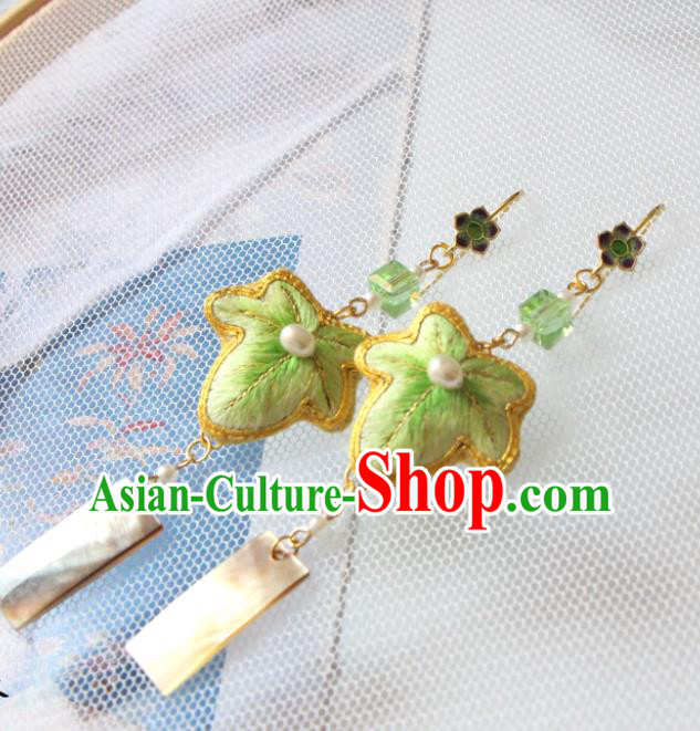 China National Woman Ear Jewelry Handmade Cheongsam Ear Accessories Suzhou Embroidered Green Maple Leaf Earrings